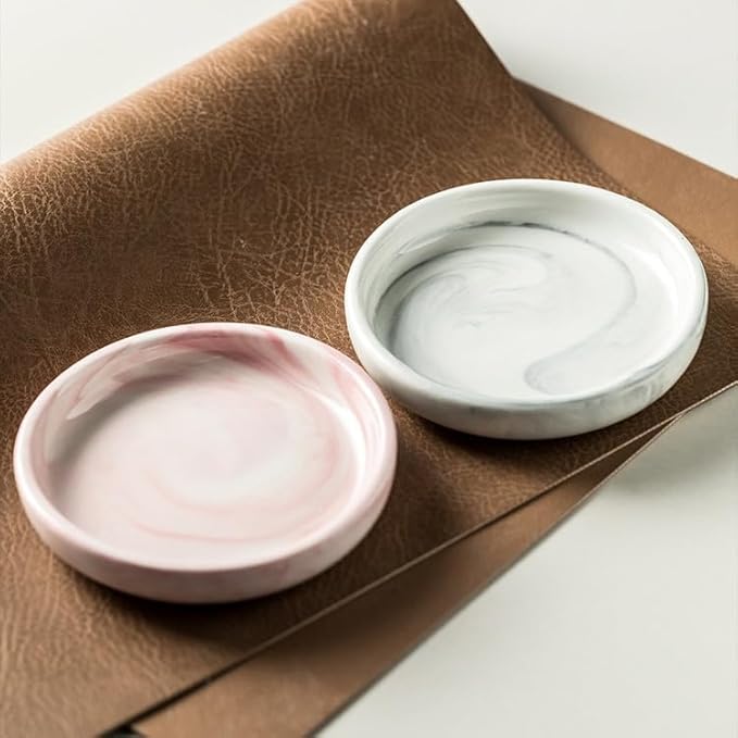 Round Marble Soap Tray, Small Ceramic Soap Dish, Cute Women Trinket Plate (Pink)