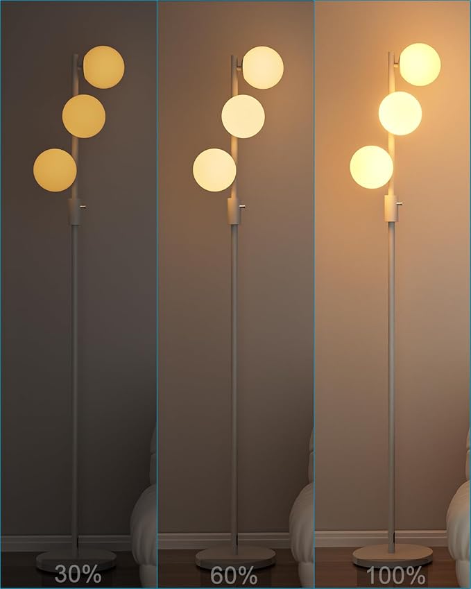 64IN Dimmable White Floor Lamp, Tall Standing Lamps with 3 Globe Soft Warm White Eye Care 3000K G9 Bulbs, Mid Century Modern Floor Lamp for Bedroom Office