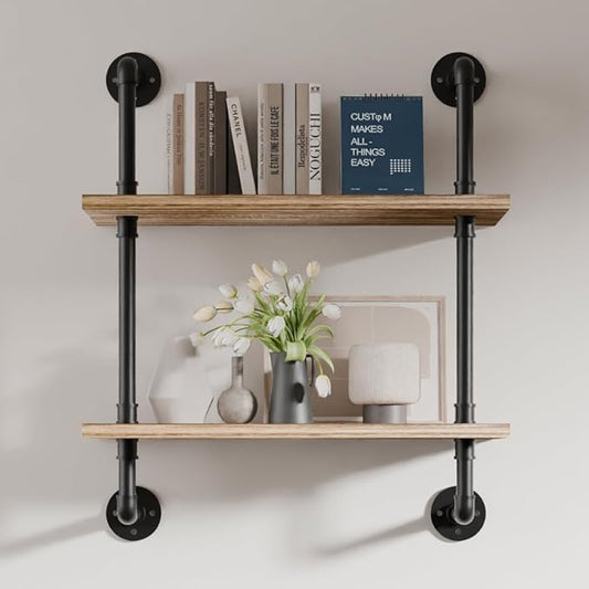 2 Tier Industrial Pipe Shelf,24 inch Industrial Wall Shelves,Rustic Wall Mounted Bookshelf,Floating Shelf with Pipe,Pipe Shelving for Bathroom,Living Room,Kitchen,Bedroom