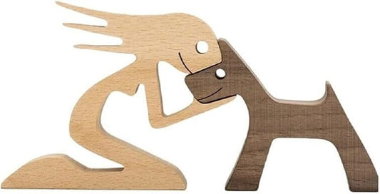 Unique Gift Hand Carved Wood Dog Human Statue Figurine Sculpture Home Office Décor, Wooden Man Dog Carving Model to Remember Friendship Between Dog and People (F)