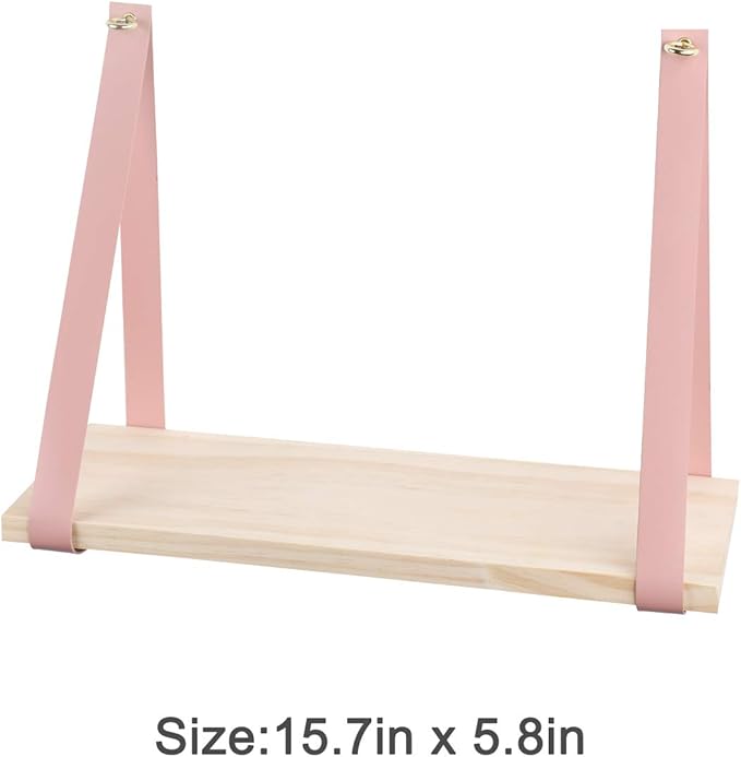 Leather Strap Wood Floating Wall Shelf Wooden Shleves Wall Organizer Wall Mount Shelf Home Decor Kitchen Living Room Bedroom(Pink Set of 2)