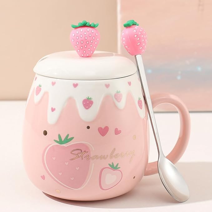 Pink Mug,Kawaii Strawberry Cup,Cute Ceramic Coffee mug with Lid and Lovely Spoon,Sweet Coaster,Novelty Morning Cup, Christmas Birthday Gift Cute Thing Korean Mug for girls women (Big Strawberry)