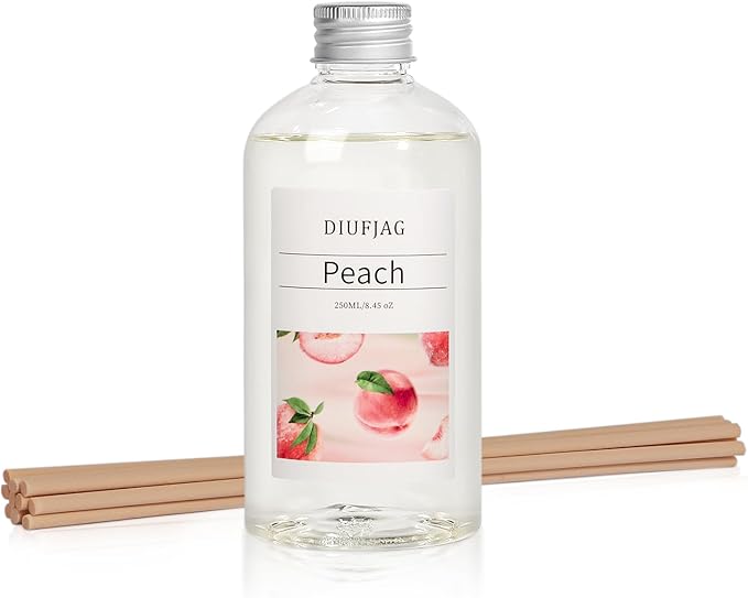 Peach Reed Diffuser with 10 Fiber Sticks, 250ml (8.45 oz) Diffusers for Home Essentials Bathroom,Last up to 60 Days