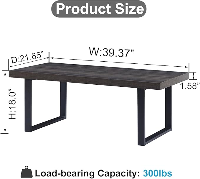IBF Industrial Grey Coffee Table, Modern Simple Wood and Metal Center Tables, Minimalist Rectangle Wooden Living Room Table, Vintage Rustic Cocktail Tea Table for Home Bedroom, Dark Gray Oak, 39 inch