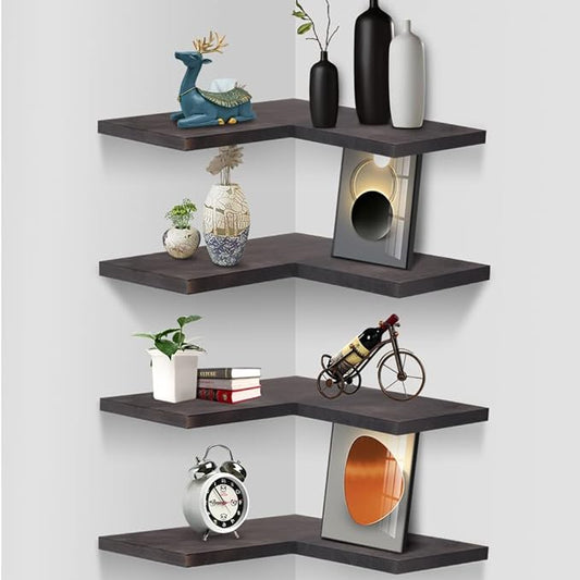 Natural Wood Set of 4 Wall Mount Bathroom Corner Shelves floating Corner Shelf L-shaped Floating Corner Shelves for Bedroom Kitchen Office Livingroom Rustic Corner Display Shelf Carbonized Black