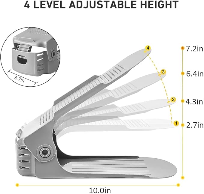 Shoe Slots Organizer 20 Pack - Shoe Stackers, Space Savers 50%, 4 Levels Adjustable, Grey