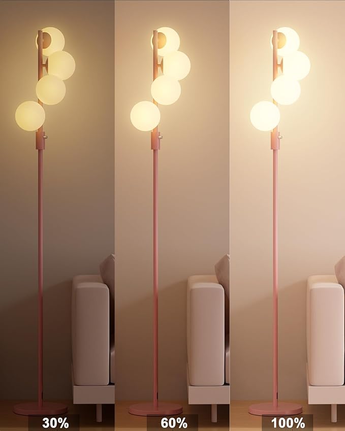 64IN Dimmable Pink Floor Lamp, Tall Standing Lamps with 4 Globe Soft Warm White Eye Care 3000K G9 Bulbs, Mid Century Modern Floor Lamp for Bedroom Office