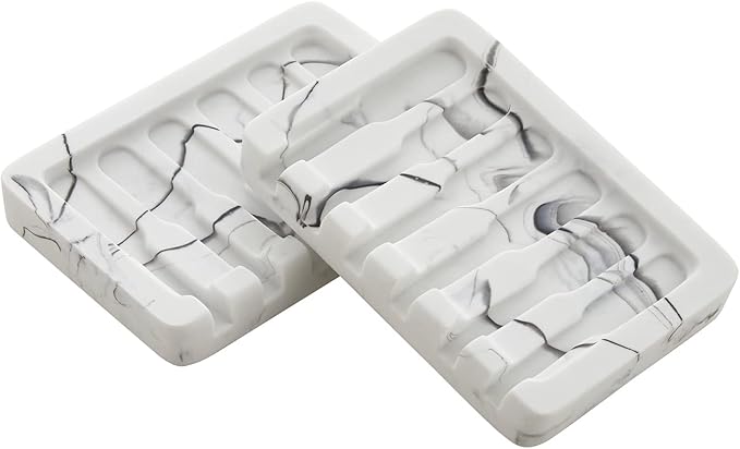 2PCS Self Draining Soap Dish - Marble Look Soap Holder Tray Savers Box Container Sponge Holder for Bathroom Shower Kitchen, White