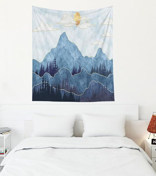EMMTEEY Mountain Wall Tapestry - Mountains Trees With Gold Sun 50X60 Vertical Hanging for Christmas Backdrops, Photography, Bedroom Decor Aesthetic