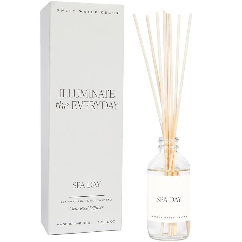 Sweet Water Decor Spa Reed Diffuser Set - Sea Salt, Wood, and Cream Scented Reed Diffuser for Home - Home Freshener Diffuser with Sticks - Long Lasting Fragrance, Made in the USA