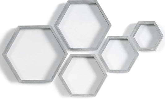 PHOENANCEE Hexagon Floating Shelves,Wall Mounted Wood Farmhouse Storage Honeycomb Wall Shelf Set of 5,for Bathroom, Kitchen, Bedroom, Living Room,Office,Driftwood Finish (Vintage Grey)