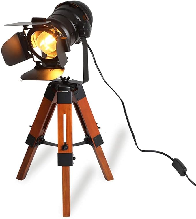 Modern Industrial Vintage Tripod Floor Table Lamp - Metal Wooden Nautical Cinema Standing Searchlight - Reading Light for Living Room Movie Theatre Decoration Adjustable Height (excluding Bulb)