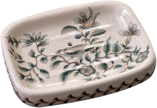 Ceramic Soap Dish, Ice Crack Ceramic Bird and Flower Pattern Soap Dish Holder for Bathroom, Creative Porcelain Shower Soap Tray Box Bath Accessories with Two Drain Holes