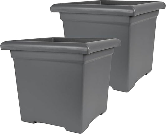 The HC Companies Accent Square Plant Pot w/Drainage - Classic Planters for Outdoor Plants & Indoor Plants - Lightweight & UV-Resistant Square Planter Box (15.5”, Warm Gray, Pack of 2)