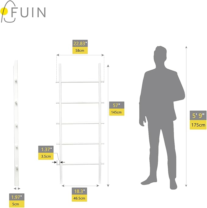 FUIN 57in Wood Blanket Ladder Living Room Decorative Wall Leaning Farmhouse Quilt Display Holder Rustic Wooden Towel Rack for Bathroom, White