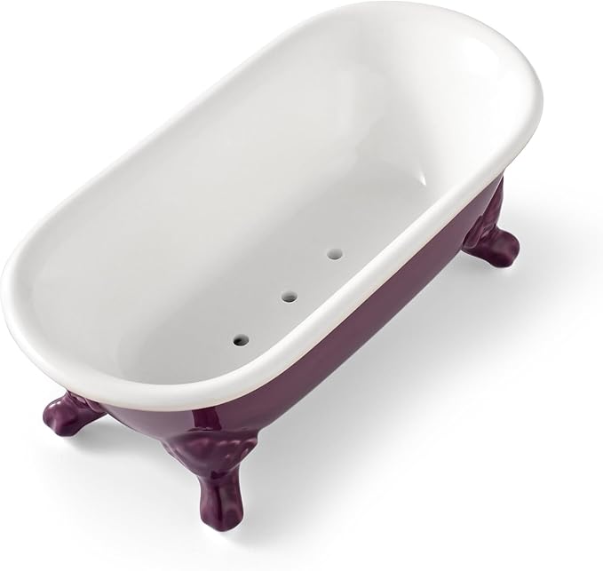 6.5" Ceramic Mini Decorative Clawfoot Bathtub Bar Soap Dish, Kitchen Sponge Holder and Shower Tray for Bathroom, 1 Pack(Plum)
