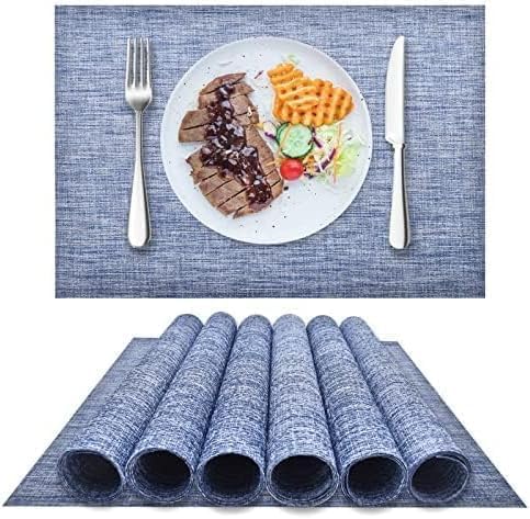 DACHUI Placemats Set of 6, Linen Look Woven Place Mats, Water Resistant, Heat Resistant, Washable, Durable Table Mats (Blue)