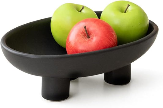 WENSHUO Three-Legs Ceramic Fruit Bowl for Kitchen Counter, Decorative Bowl for Table Décor, 10-inch Oval Large Bowls for Breads (Black)