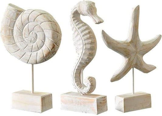 3Pcs Modern Wood Sculpture Home Decor Statue Starfish Conch Seahorse Figurines Beach Nautical Style Table Sculptures Home Decor