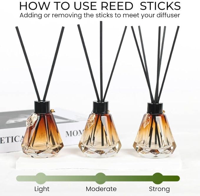 Reed Diffuser Set - 4 Empty Bottles With 20 Sticks, Delicate Gold Leaf Decor, Glass Fragrance Diffuser With Lids for Home, Bathroom | Refillable, Diamond Style Black