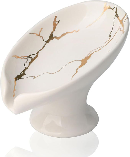 WHJY Ceramic Self Draining Soap Dish for Bar, Small Leaf Shaped Soap Dish, White Marble Soap Dish for Bathroom Shower Soap Holder Tray for Kitchen