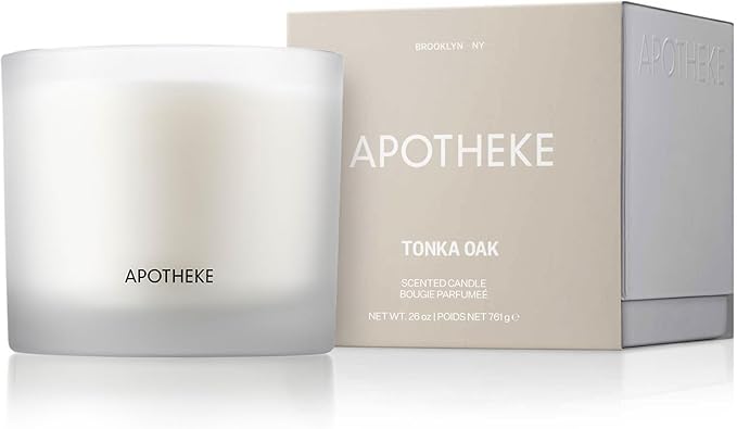 Apotheke 3-Wick Scented Candles for Home, Tonka Oak - 26 oz Long-Lasting Soy Wax Jar Candle, 120-140 Hours Burn Time - Notes of Sweet Almond, Cardamom, Clove, & Hint of Tonka Bean, Sandalwood & Musk
