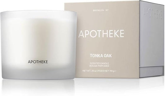 Apotheke 3-Wick Scented Candles for Home, Tonka Oak - 26 oz Long-Lasting Soy Wax Jar Candle, 120-140 Hours Burn Time - Notes of Sweet Almond, Cardamom, Clove, & Hint of Tonka Bean, Sandalwood & Musk