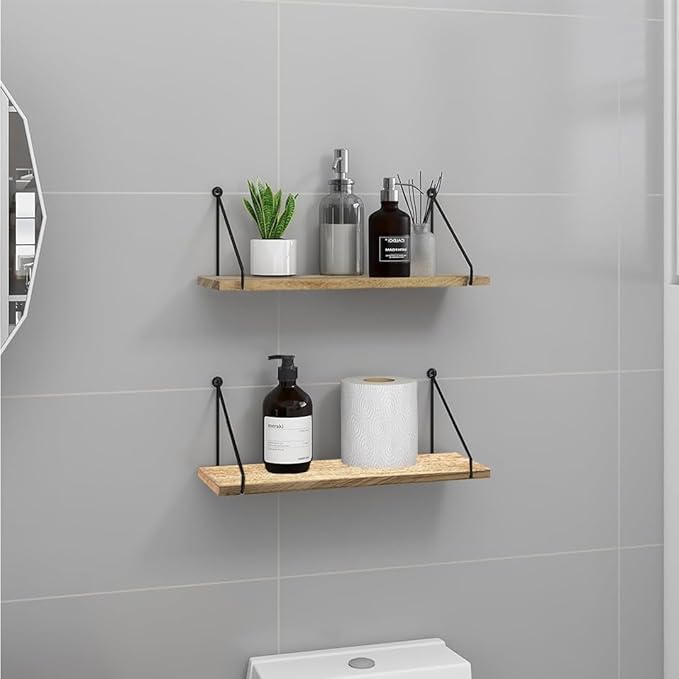 Floating Wall Shelves – Rustic Mango Wood Wall Shelves for Room Decor & Storage, Wall Mounted Hanging Shelves for Books, Bathroom, Kitchen, Living Room – Set of 2 (15×6×1 Inches)