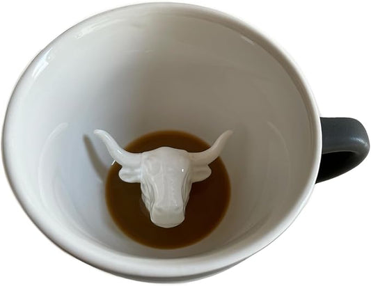 Creature Cups BULL Ceramic Cup (11 Ounce, Matte Olive Brown Exterior) - Hidden 3D Animal Inside Mug - Birthday, Holiday, Housewarming Drinkware Gift for Cattle, Longhorn, Coffee & Tea Lovers