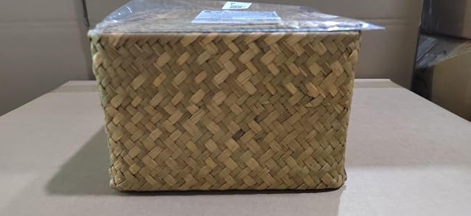 Wicker Storage Basket with Lid, Seagrass Storage Bins with Lids, Rectangular Handwoven Shelf Baskets with Lid for Home Organizer, Rattan Decorative Box for Clothes, Groceries, Snacks (L)