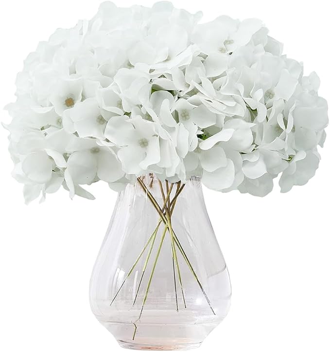 Artificial Hydrangea Flowers Pure White Heads 10 Fake Hydrangea Silk Flowers for Wedding Centerpieces Bouquets DIY Floral Decor Home Decoration with Stems.