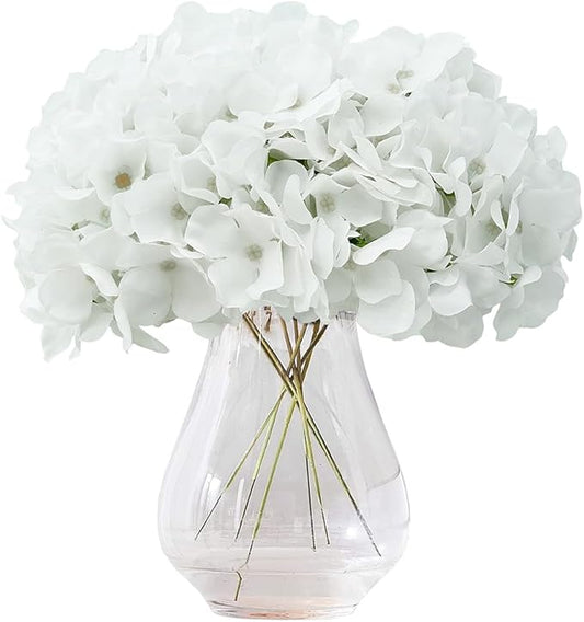 Artificial Hydrangea Flowers Pure White Heads 10 Fake Hydrangea Silk Flowers for Wedding Centerpieces Bouquets DIY Floral Decor Home Decoration with Stems.