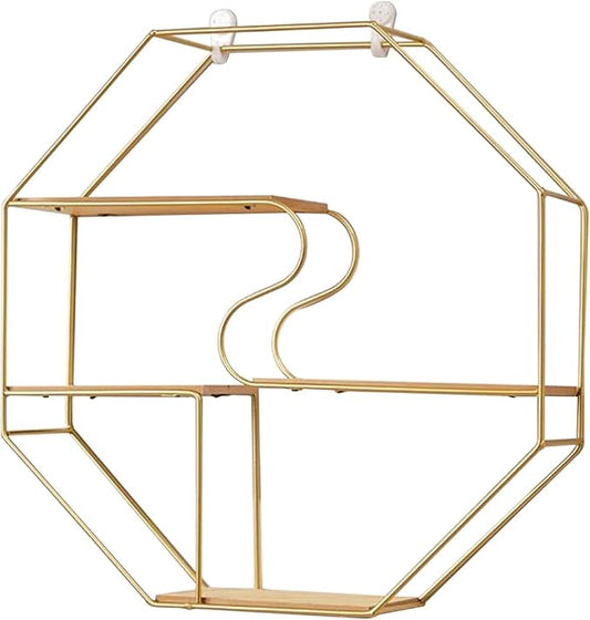 Gold Octagon Wall Mounted Metal Floating 3 Tier Shelf, Geometric Wall Shelves with Wire Frame and Wood Partition, Modern Simple Honeycomb Display Shelves Boho Decor for Bedroom, Living Room, Office