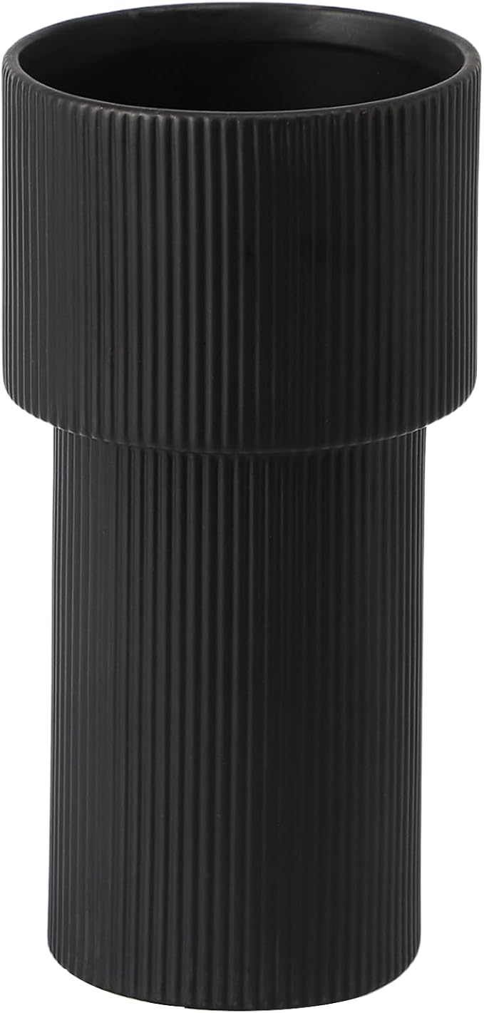 Large Black Ceramic Vase for Flowers, Large Ribbed Vase, Boho Decorative Vases for Modern Decor, Pampas Grass Vases for Living Room, Office, Mantel, Shelf, Entryway, 10 Inches
