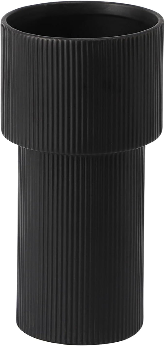 Large Black Ceramic Vase for Flowers, Large Ribbed Vase, Boho Decorative Vases for Modern Decor, Pampas Grass Vases for Living Room, Office, Mantel, Shelf, Entryway, 10 Inches