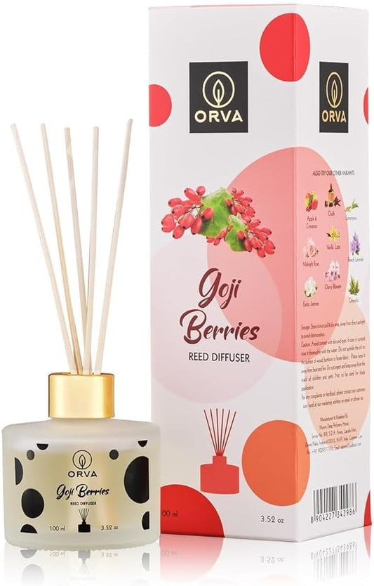 Orva Goji Berries Reed Diffuser Set Scented Diffuser with Sticks Home Fragrance Reed Diffuser for Bedroom Home Décor Shelf Decor Decorative Air Freshener for Large Rooms 100ml