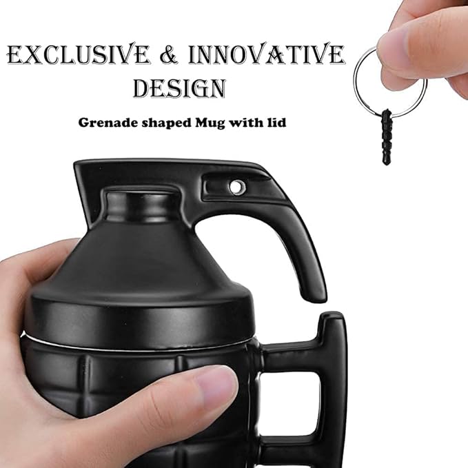 Caliber Gourmet Grenade Ceramic Large Coffee Mug with Lid (11.8oz), Great Tea Coffee Cup, fits K-Cup coffee makers, Travel, Camping Trips, Loved by Military, Veterans, Gun Lovers, Christmas Gift