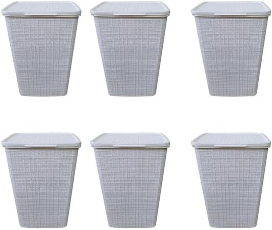 YBM Home Plastic Rattan Laundry Hamper Basket with Hinged Lid, Ventilation Holes, Durable, Lightweight Bin With Cutout Handles, Storage Dirty Clothes, Space Saver, 16.75" x 13.5" x 23.75",White,6-Pack