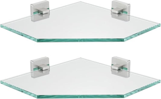JQK Corner Glass Shelf, Brushed Steel Bathroom 304 Stainless Steel Shower Triangle Floating Wall Shelf, 10 x 10 Tempered Glass, 2 Pack, TGS290L10-BN-P2