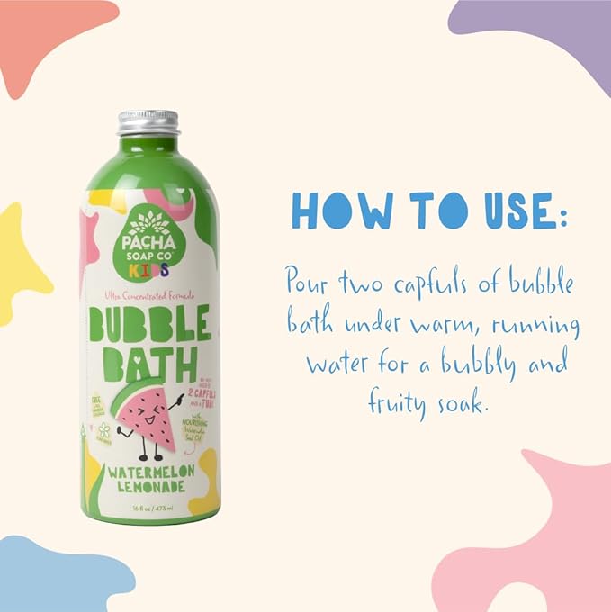 Pacha Soap Co. Kids Bubble Bath, Watermelon Lemonade, 2 Pack - Make Bathtime Fun & Squeaky Clean, Ultra-Concentrated, Foaming, Plant-Based, Vitamin Rich, Non-Toxic, Tear-Free, Recyclable