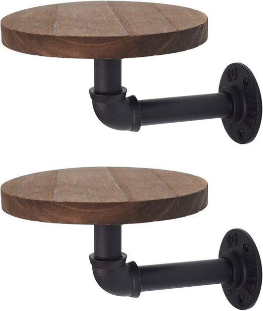 5.9inch Wall Mounted Floating Shelves Round Display Rack with Metal Industrial Pipe Brackets, Rustic Wood Shelving for Bedroom, Bathroom, Living Room, Kitchen, Set of 2