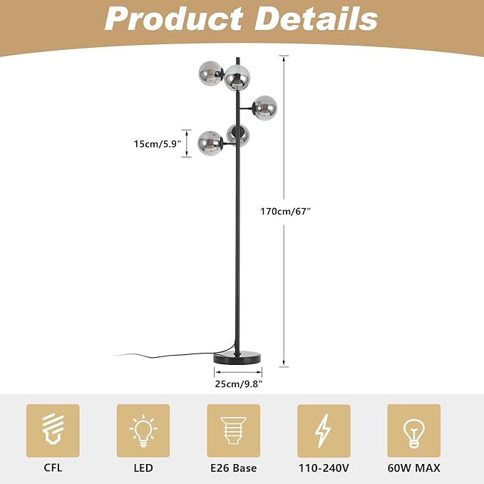 KCO Lighting Smoked Glass Modern Globe Farmhouse Black Standing Multi-Head Floor Lamps for Living Room, Bedrooms, Office