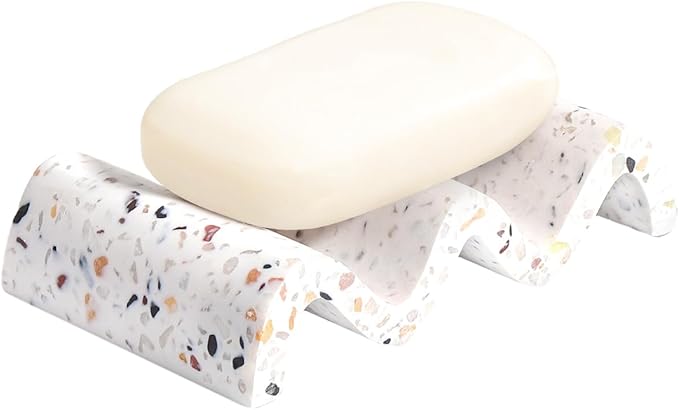 Luxspire Soap Dish for Bar Soap, Marble Shower Soap Dish, Self-draining Soap Tray, Soap Saver for Bathroom Shower Kitchen, Bathroom Soap Holder, Sponge Holder - Terrazzo