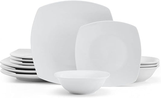 Studio Nova Tara 12 Piece Square Dinnerware Set, Service for 4, White