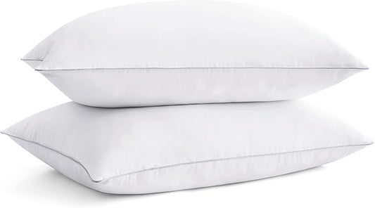puredown® Goose Feathers Bed Pillows, 100% Cotton Cover, Standard Size Hotel Collection Pillows Set of 2 for Sleeping with Silver Piping, Feather and Polyester Filling