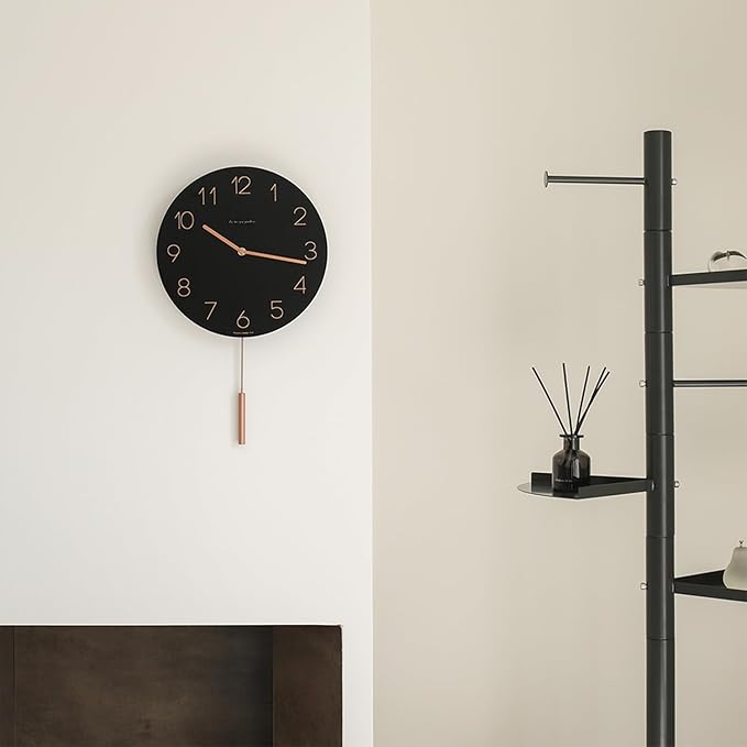 mooas Flatwood Wall Clock Pendulum Black,12" Wood Wall Clock Non-Ticking Sweep Movement Decorative Clock Battery Operated Clock for Home Living Room Kitchen Bedroom Office School