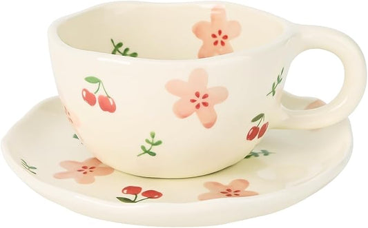 Koythin Ceramic Coffee Mug with Saucers, Handmade Flowers Mugs, Cute Cup for Girl Women, Aesthetic Tea Milk Cup with Handle, 8.5 oz/250 ml for Latte, Cocoa, Office, Home (Pink Cherry Flowers)