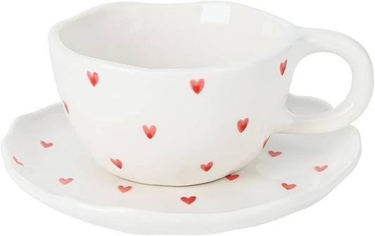 Koythin Ceramic Coffee Mug with Saucers, Handmade Flowers Mugs, Cute Cup for Girl Women, Aesthetic Tea Milk Cup with Handle, 8.5 oz/250 ml for Latte, Cocoa, Office, Home (Small Love)