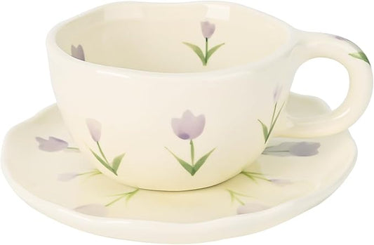 Koythin Ceramic Coffee Mug with Saucers, Handmade Flowers Mugs, Cute Cup for Girl Women, Aesthetic Tea Milk Cup with Handle, 8.5 oz/250 ml for Latte, Cocoa, Office, Home (Purple Tulip)