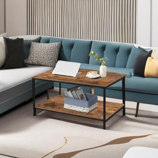 SENIG Small Brown Rectangle Wood and Metal Coffee Table with Storage Shelf for Small Living Rooms